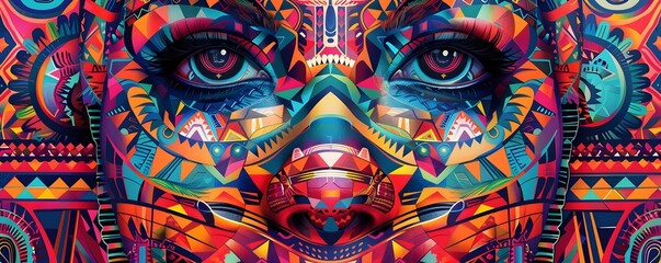 Vibrant Tribal Inspired Digital Artwork Reinterpreting Ethnic Motifs with Minimalist Color Palette and Hyper Textures