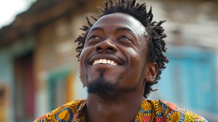 Warm Smile of an African Man Gazing Upwards Generative AI - obrazy, fototapety, plakaty