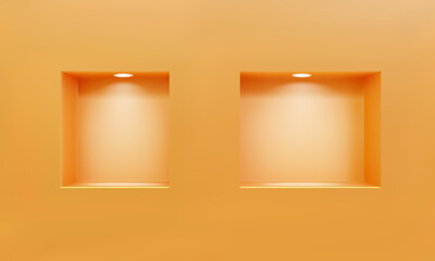 Two empty niches or shelves on orange wall with led spotlight 3D mockup