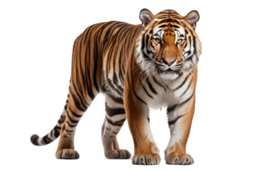 A powerful tiger prowls across a pristine white background