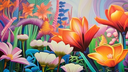3d illustration of flowers in the garden with multicolored background