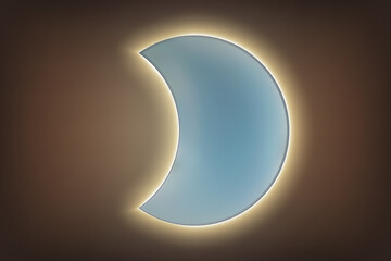 Wall mirror in the shape of a partial moon with yellow backlight on a dark wall