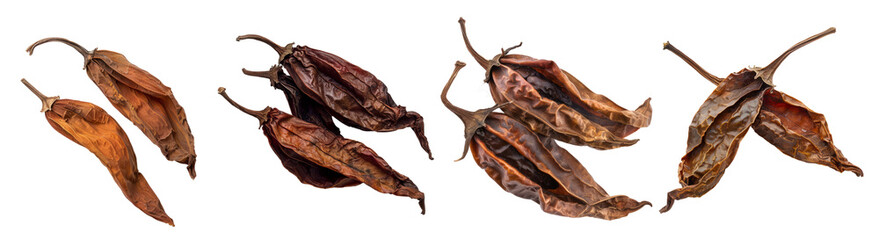 Collection of dried puya pepper cutout clipping path png isolated on white or transparent background
