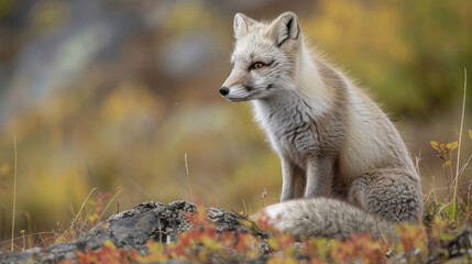 Naklejka na ściany i meble Arctic fox with a pensive gaze on a rocky terrain.