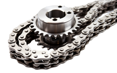 A detailed close up of a motorcycle chain intertwining with a sprocket, creating a mesmerizing display of mechanical precision and movement