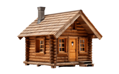 A cozy log cabin with a chimney and windows nestled in a serene forest clearing