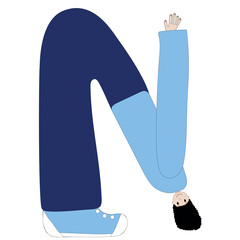 N person in the shape of the letter N, alphabet, font, girl in blue clothes