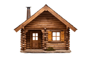 A quaint log cabin with a tall chimney and multiple windows nestled in a serene forest setting