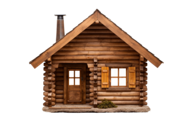 A quaint log cabin with a tall chimney and multiple windows nestled in a serene forest setting