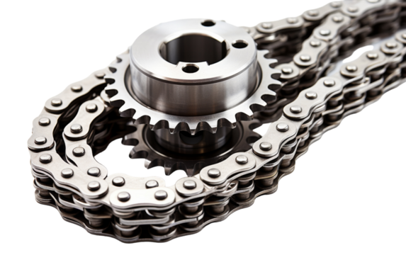A detailed close up of a motorcycle chain intertwining with a sprocket, creating a mesmerizing display of mechanical precision and movement