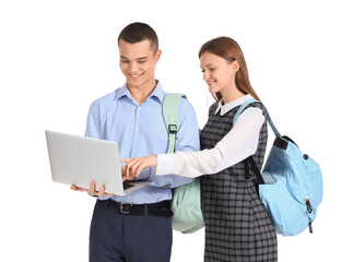Students with laptop on white background. End of school concept