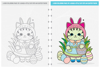 Cute Kawaii kitten print-ready coloring page for children. Black and white line drawing vector illustration. isolated on white background. 