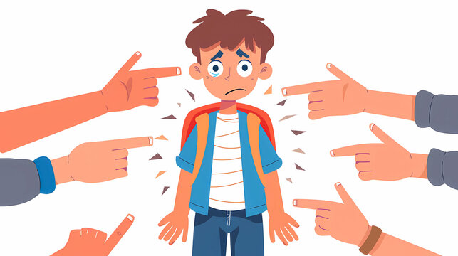 sad schoolboy or male student with backpack, around are hands with pointing fingers , concept of school bullying . Violence victim bully and social theme 