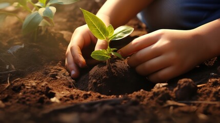 Children's hands are supported by a vibrant green tree sapling, reflecting the importance of agriculture and the connection between young hands and nature.