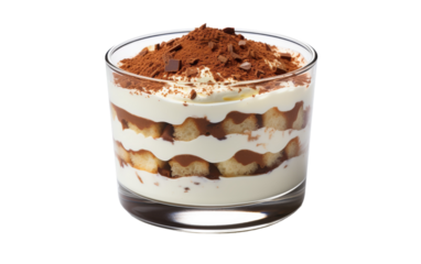A decadent dessert encapsulated in a glass on a pristine white background
