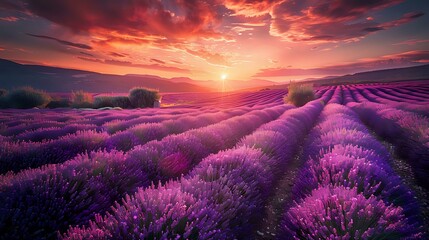 Stunning landscape with lavender field at sunset - obrazy, fototapety, plakaty