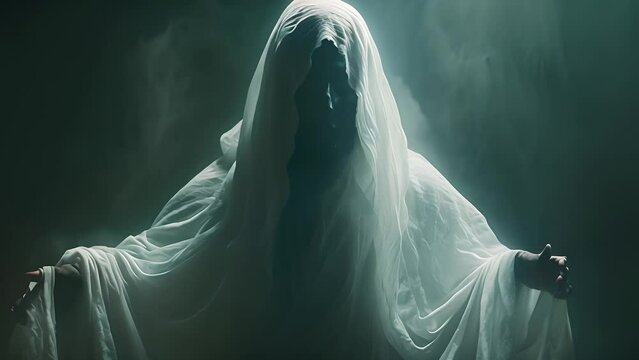 Creepy ghost. Person covered with white sheet. White ghost on black background	
