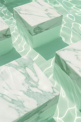 Abstract marble cubes on reflective water surface