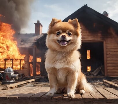 Image of dog and fire, Pomeranian, rescuer, fireman, natural disaster, animals. Generative Ai