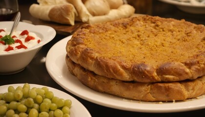 Freshly baked manakish bread served on a white plate with grapes, yogurt, and rolled pita bread, a Middle Eastern delicacy