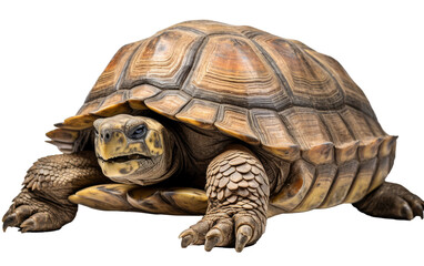 Obraz premium A majestic tortoise with intricate patterns on its shell gracefully poses on a pristine white background