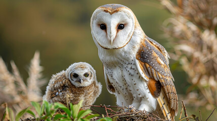 Young barn owl and adult on a leafy branch looking at the camera.