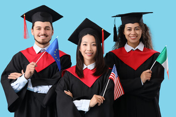 Graduate students with EU, USA and Ireland flags on blue background