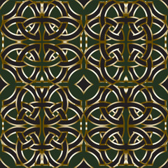 vector, geometric, everlasting knot gold lines pattern on dark green background.
