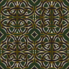 vector, geometric, everlasting knot gold lines pattern on dark green background.