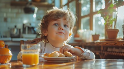 Cute Little Boy Enjoying Morning Breakfast at Home Generative AI