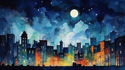 A watercolor city showing a night scene with old houses, streets and a touch of artistic abstraction. Breathtaking landscape of the city center. - obrazy, fototapety, plakaty