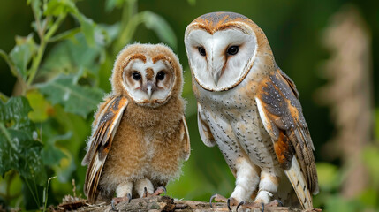 Young barn owl and adult on a leafy branch looking at the camera.