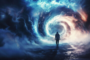 A lone figure stands before a breathtaking vortex of swirling cosmic energy, an ethereal gateway to unknown dimensions against the dark starry abyss