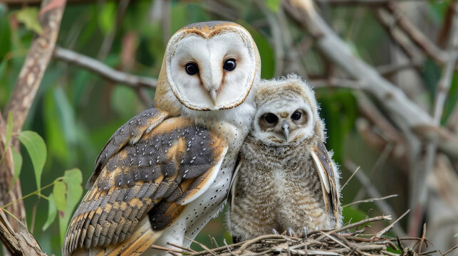 Adult barn owl beside a fluffy owlet on straw.