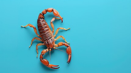 Scorpion on a blue background. Dangerous insect. Sting with poison. - obrazy, fototapety, plakaty