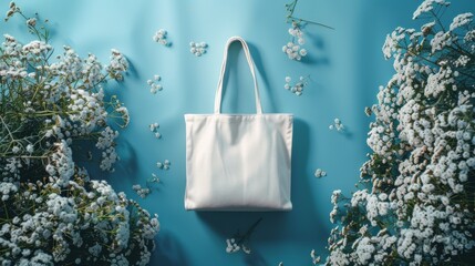 Blank cotton white Shopper bag, white tote bag mockup, on flat blue surface, surrounded by white flowers. Zero waste living, sustainability, eco friendly lifestyle. Generative ai