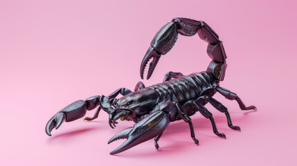 Black scorpion on a pink background. Dangerous insect. Sting with poison. - obrazy, fototapety, plakaty