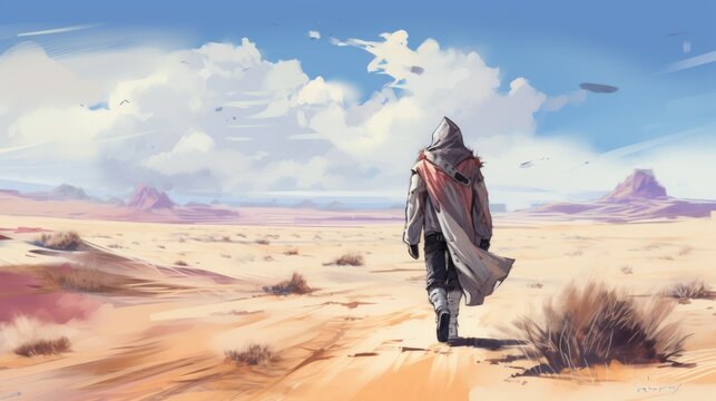 A figure in a long coat and hood walks alone in a desert.