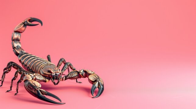 Scorpion on a pink background. Dangerous insect. Sting with poison.