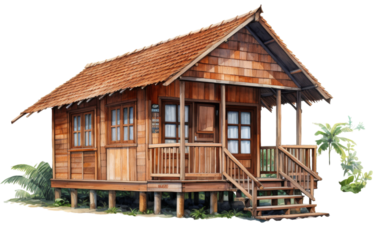 A quaint wooden house with a charming porch and stairs in a tranquil forest setting