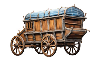 Fototapeta premium A wooden cart with a blue tarp on top, standing alone in a mysterious landscape