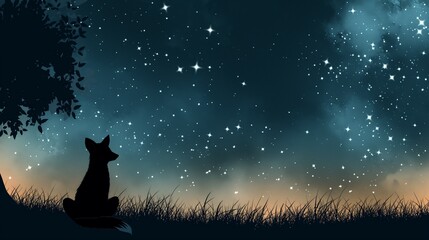 fox siting in the grass at summer night and looking at night sky stars. 