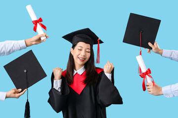 Asian female graduate student and hands with mortar boards and diplomas on blue background