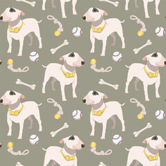 Hand drawn bull terrier dog with pet supplies, seamless pattern