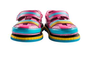 A stunning pair of pink and blue shoes stand out on a crisp white background