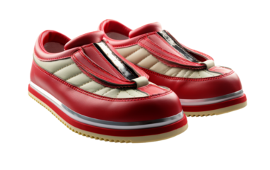 A pair of vibrant red and white shoes effortlessly floating on a serene white background