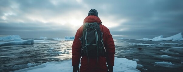 Capture the breathtaking view of a polar expedition at eye-level angle Emphasize the vast icy landscapes and the sense of adventure - obrazy, fototapety, plakaty