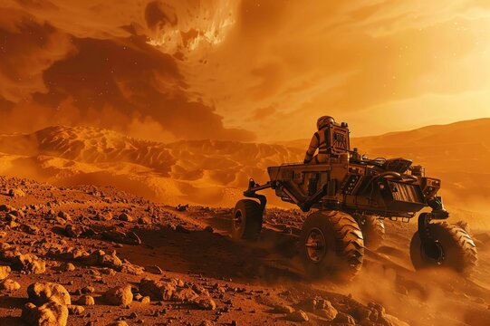 Cat astronaut on a space mission to Mars, red planet landscape, driving a futuristic rover, dust storms, and alien sky , 3D render