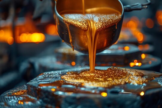 Closeup of molten copper being carefully poured into gold molds, the intense heat and craftsmanship evident in a specialized metal factory , high detail