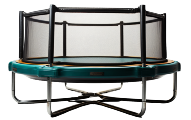 A vibrant green and black trampoline stands out against a clean white background